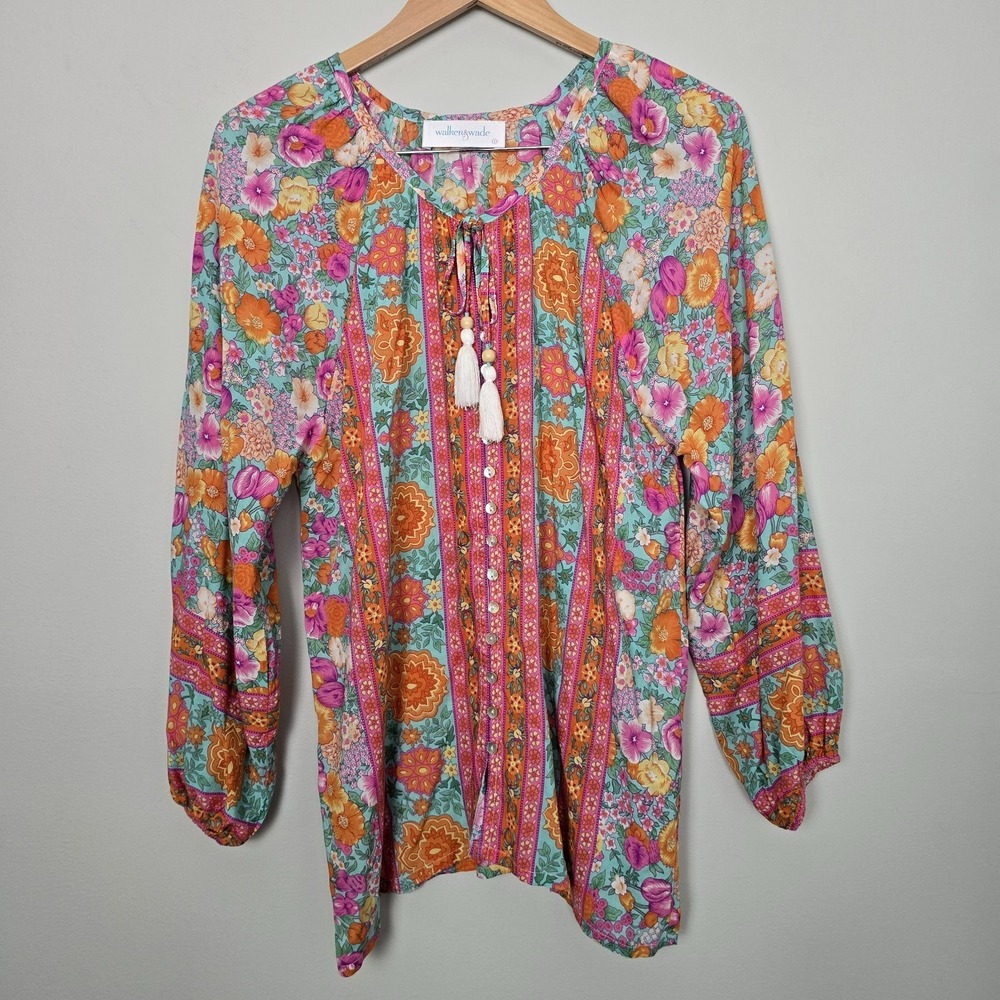 Walker & Wade Women Sonia Top Julep Floral Tassel Tunic Blouse Small Summer Boho - Picture 2 of 10